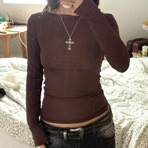 Zara Brown Mesh Boatneck Long Sleeve Top